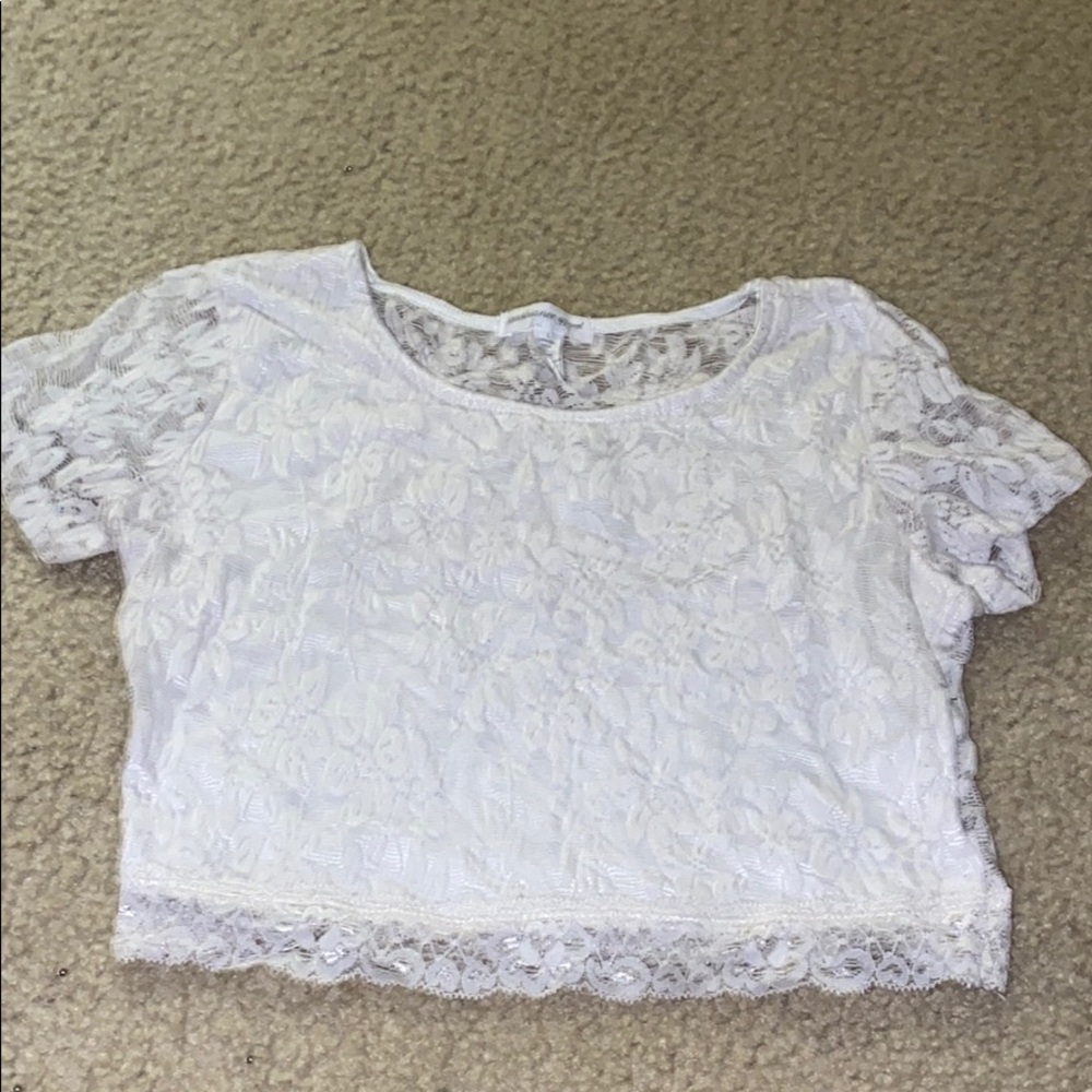White Lace Crop Top Shirt . See through back .